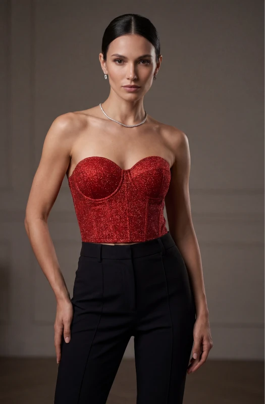 Czerwony gorset brokatowy model Mary w wersji midi sięgający do talii, z usztywnianymi miseczkami i fiszbinami, leżący na drewnianym tle - Szarecka.pl